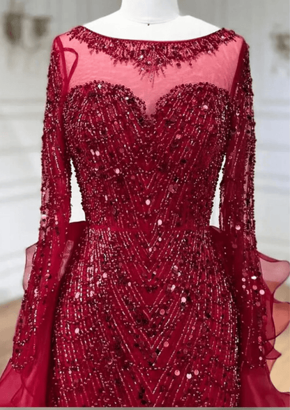 Long Sleeve Red Sequin Prom Occasional Dress - dressupaccessories