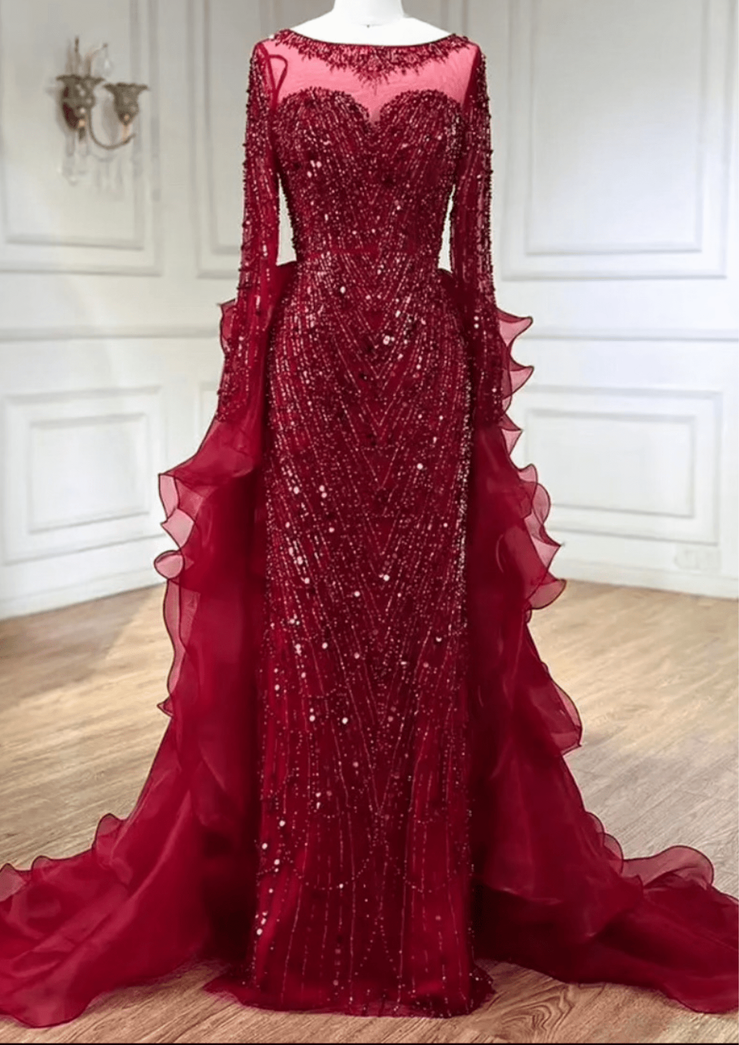 Long Sleeve Red Sequin Prom Occasional Dress - dressupaccessories