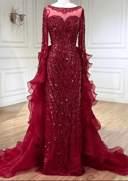Long Sleeve Red Sequin Prom Occasional Dress - dressupaccessories