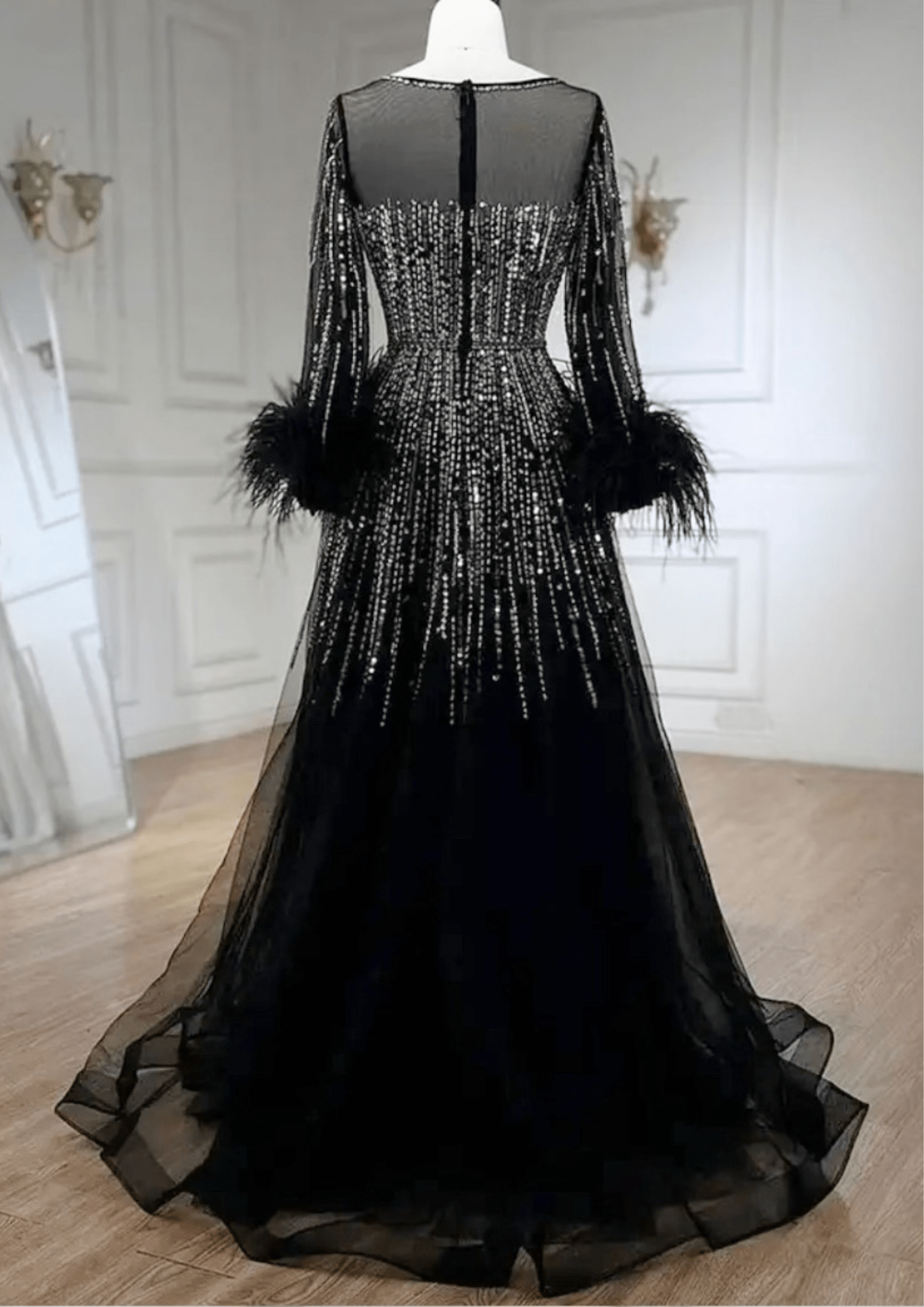 Luxury Feathers Black Dubai Evening Dress - dressupaccessories