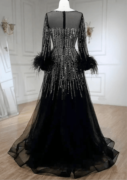 Luxury Feathers Black Dubai Evening Dress - dressupaccessories