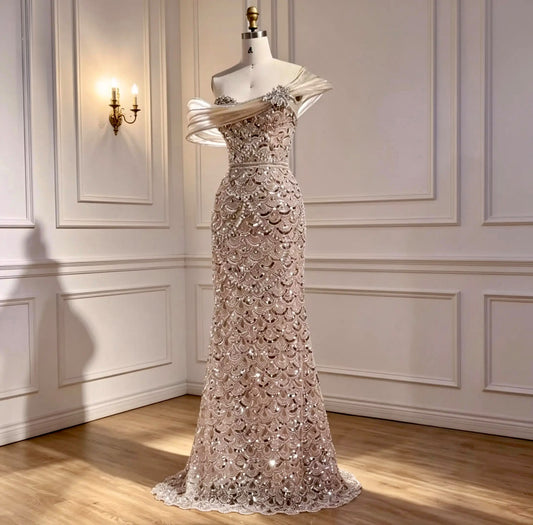 Luxury Nude off-shoulder Mermaid Evening Dress - dressupaccessories