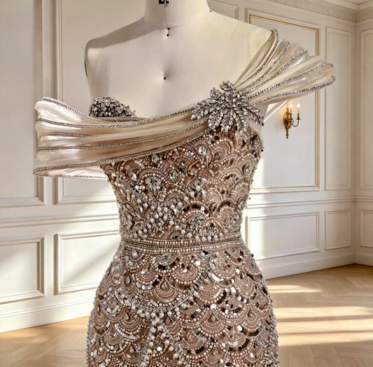 Luxury Nude off-shoulder Mermaid Evening Dress - dressupaccessories