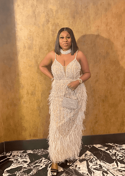 Luxury Nude White Feathered Sequin Evening Dress - dressupaccessories