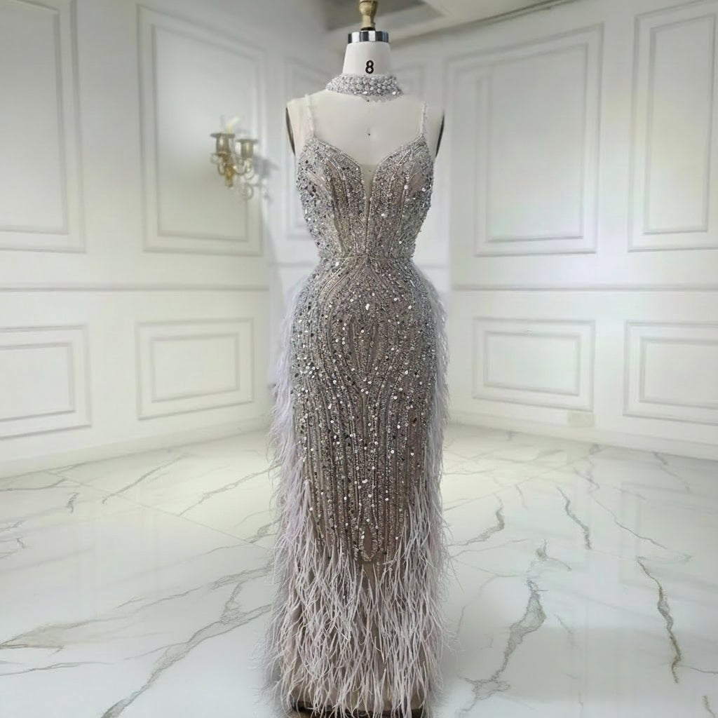 Luxury Nude White Feathered Sequin Evening Dress - dressupaccessories