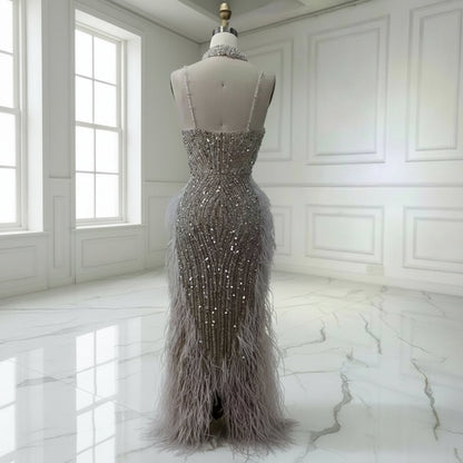 Luxury Nude White Feathered Sequin Evening Dress - dressupaccessories
