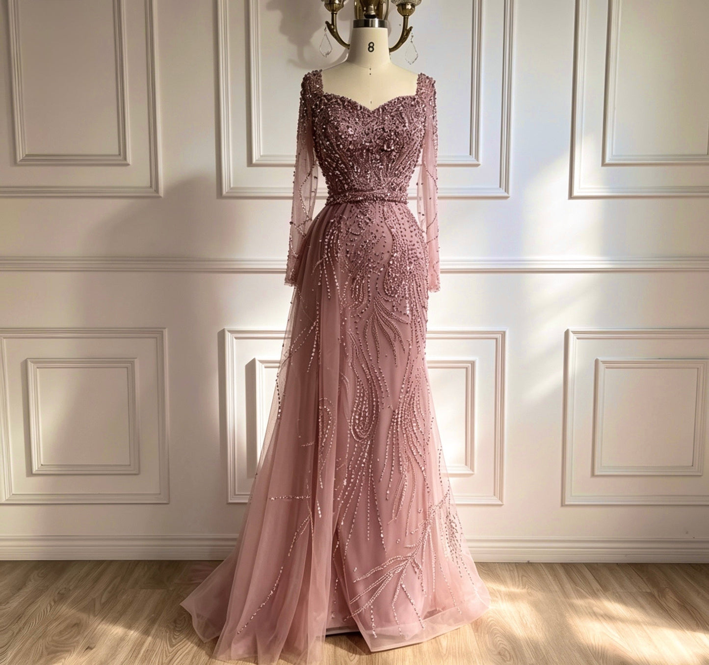Luxury Rose Sequin Long - Sleeve Evening Gown - dressupaccessories