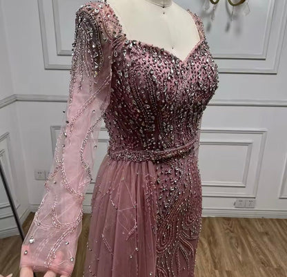 Luxury Rose Sequin Long - Sleeve Evening Gown - dressupaccessories