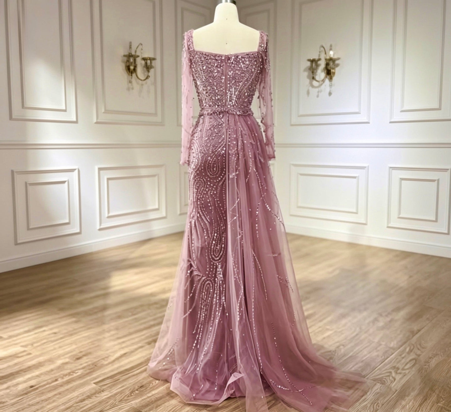 Luxury Rose Sequin Long - Sleeve Evening Gown - dressupaccessories