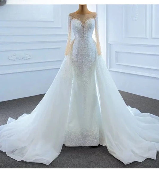 Mesh beaded sleeve wedding Dress - dressupaccessories