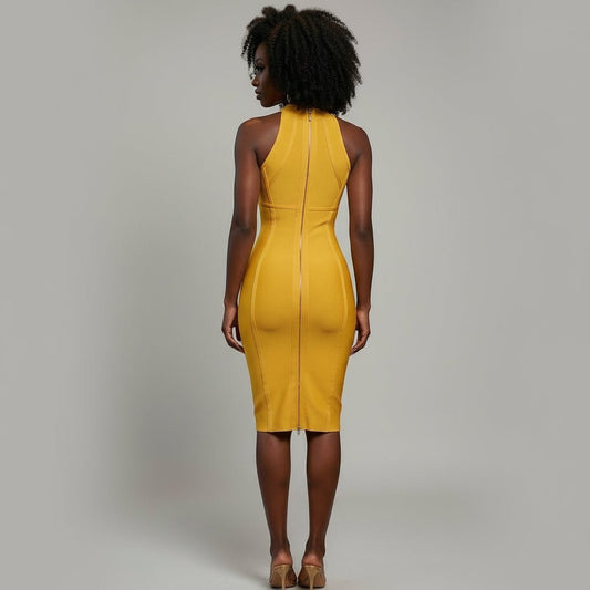 Woman in a yellow dress standing in a stylish room with brown chairs and city view.