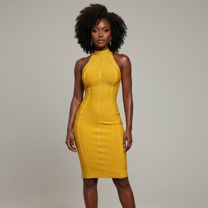 Woman in a yellow dress standing in a stylish room with brown chairs and city view.