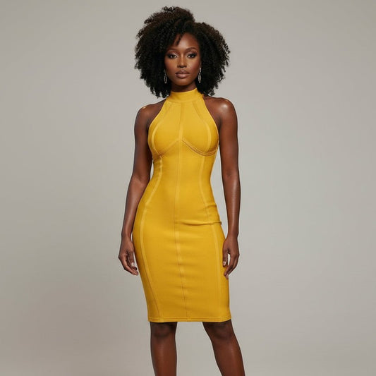 Woman in a yellow dress standing in a stylish room with brown chairs and city view.