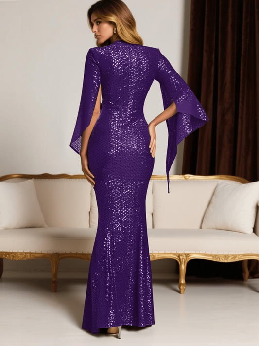 Round - neck sequin dress accented with flowing cape sleeves - dressupaccessories