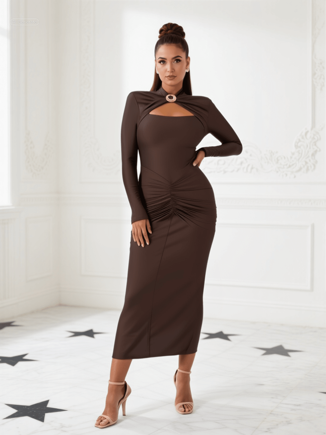 Ruched dress with a metallic buckle detail and refined back slit - dressupaccessories