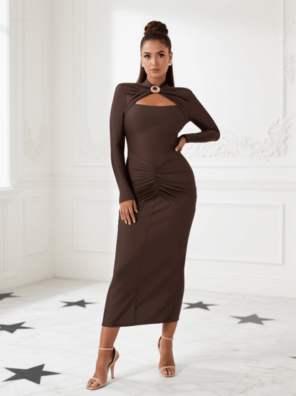 Ruched dress with a metallic buckle detail and refined back slit - dressupaccessories