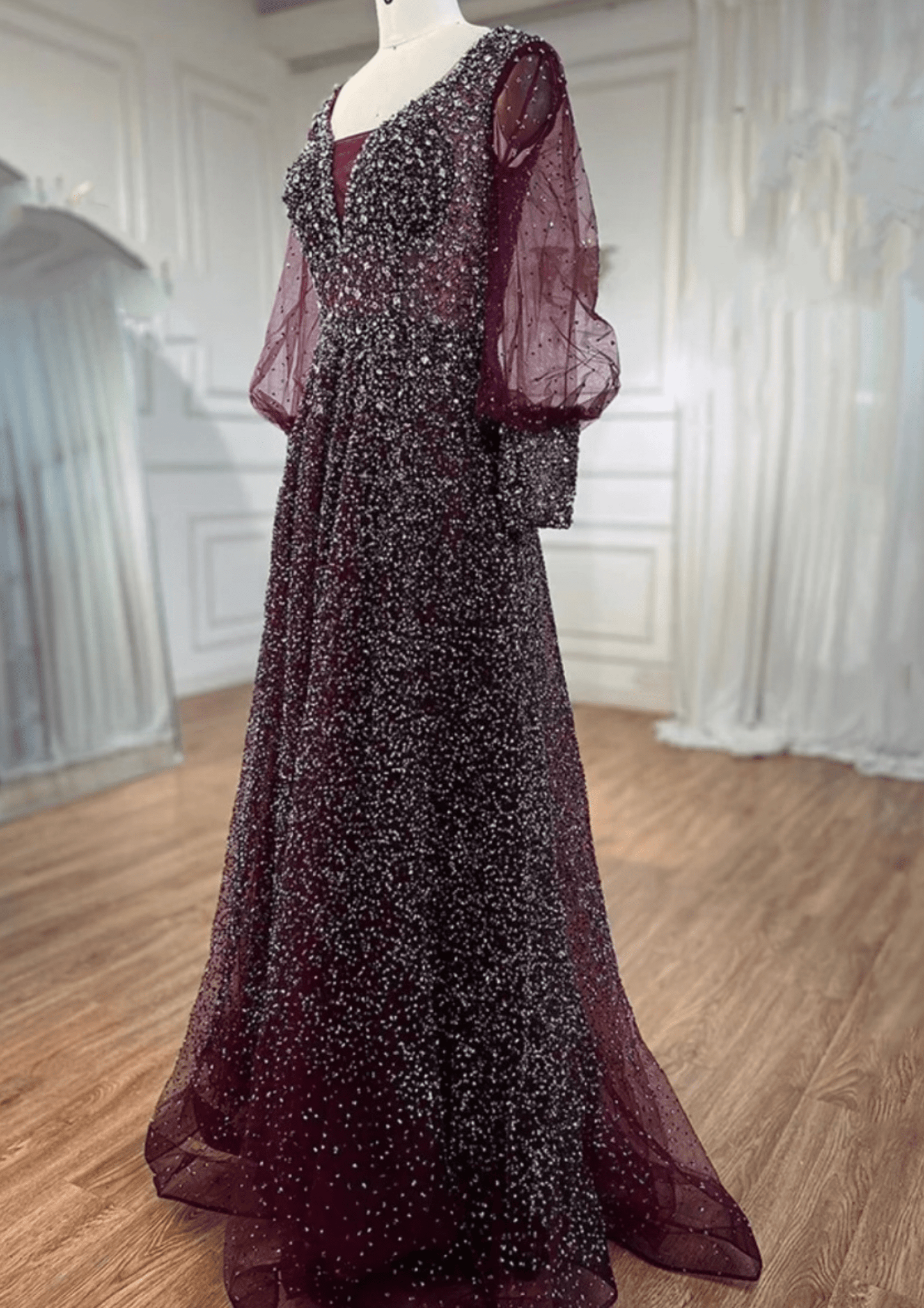 Silver Stone Wine Mesh Sleeve Dress - dressupaccessories