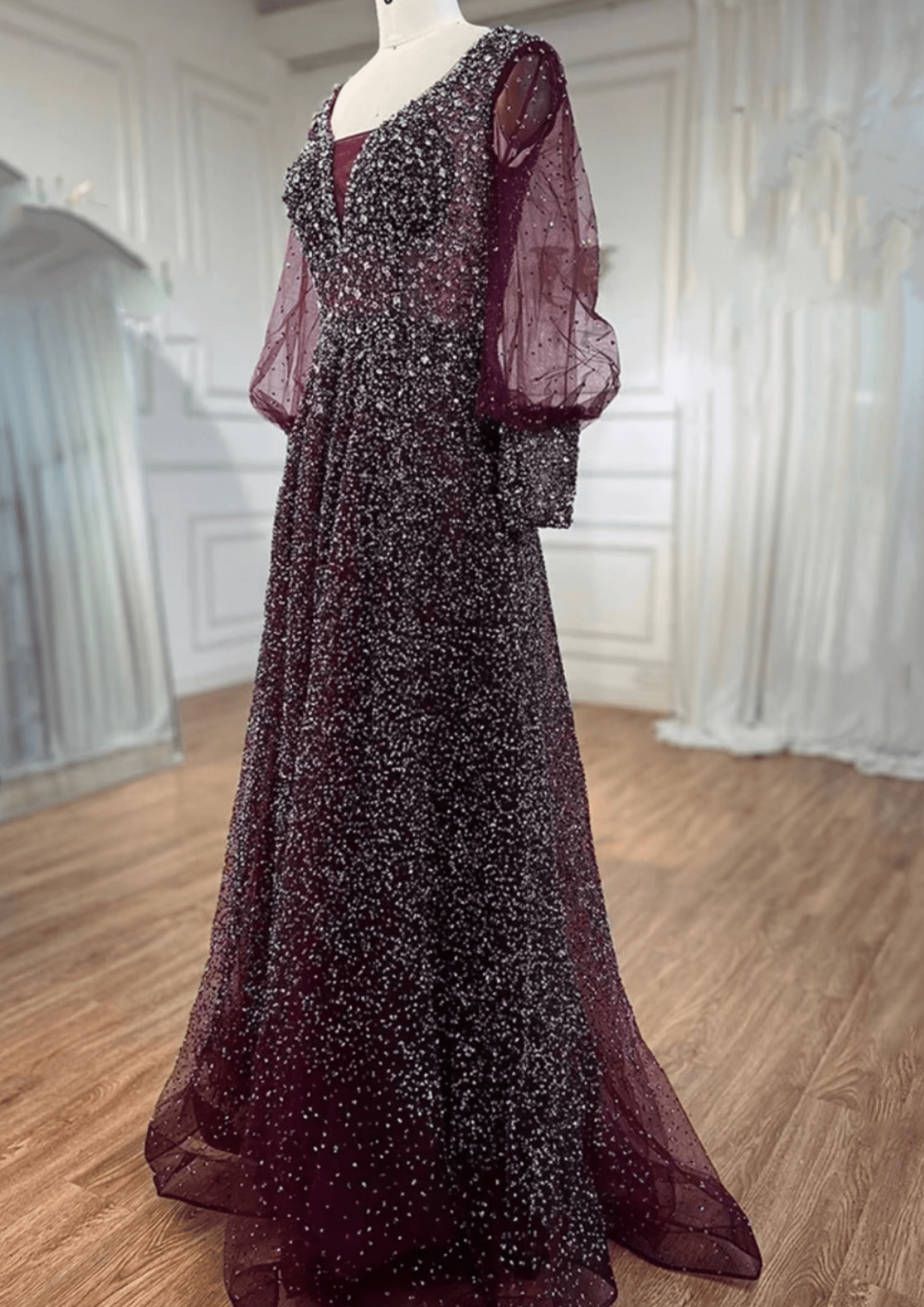 Silver Stone Wine Mesh Sleeve Dress - dressupaccessories