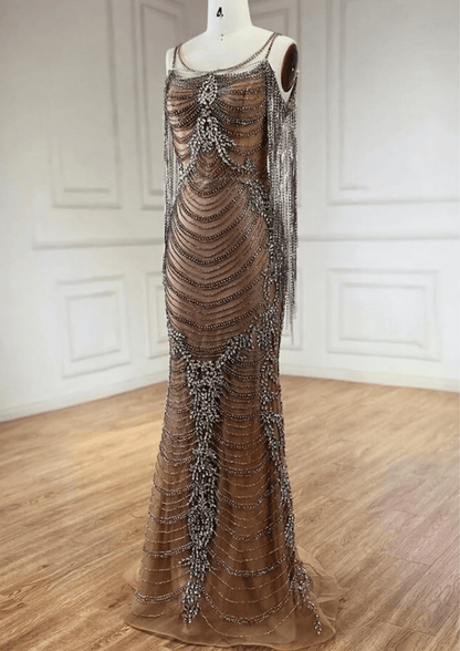 Sparkly Rhinestone Nude Long Occasional Dress - dressupaccessories