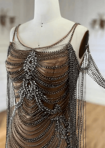 Sparkly Rhinestone Nude Long Occasional Dress - dressupaccessories