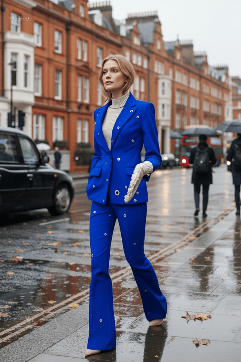 Statement blazer with rivet and metal - hole detailing, matched with elegant flared trousers - dressupaccessories