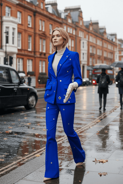 Statement blazer with rivet and metal - hole detailing, matched with elegant flared trousers - dressupaccessories